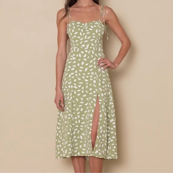 Party in Paris Sage Green Print Tie-Strap Summer Midi Dress - Picture 2 of 6